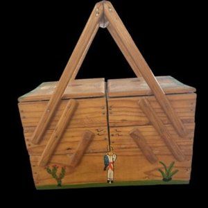 Vintage Hand painted Wooden sewing box that folds out - Mexico - Miniature